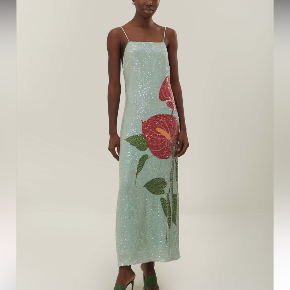 Farm Rio Blue Anthurium Flowers Slip Dress